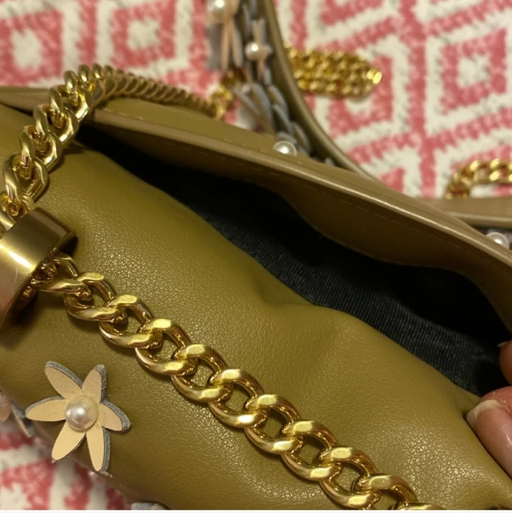 Zac Posen Mustard Yellow Leather Crossbody with White Floral Appliqué - Picture 13 of 14